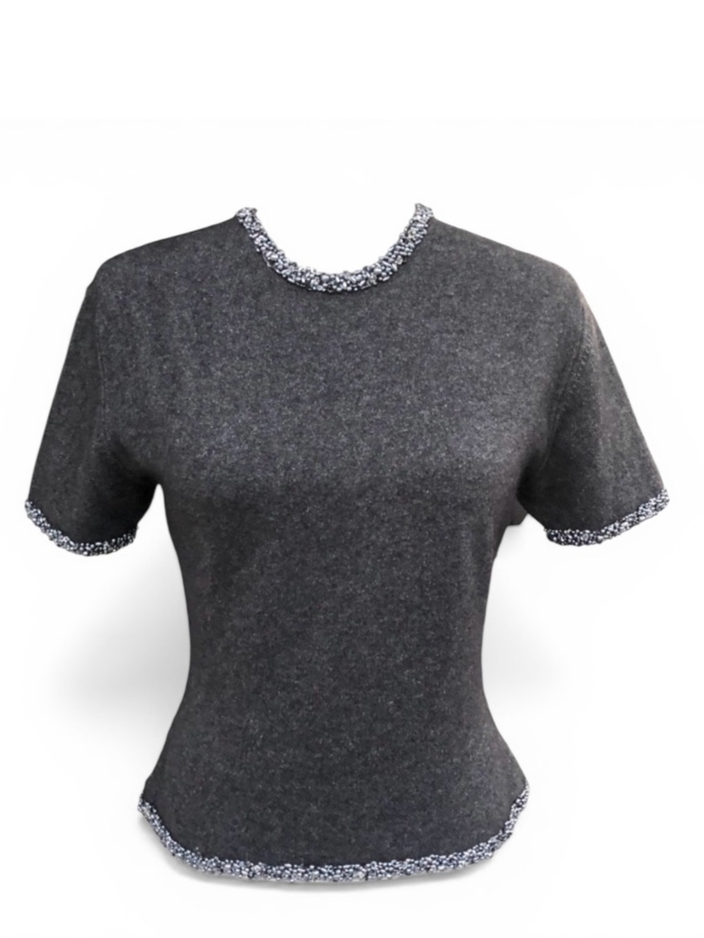 Barney Cheng Cashmere Silk Sweater Grey Sequin Bead Trim Crew Neck Short Sleeve